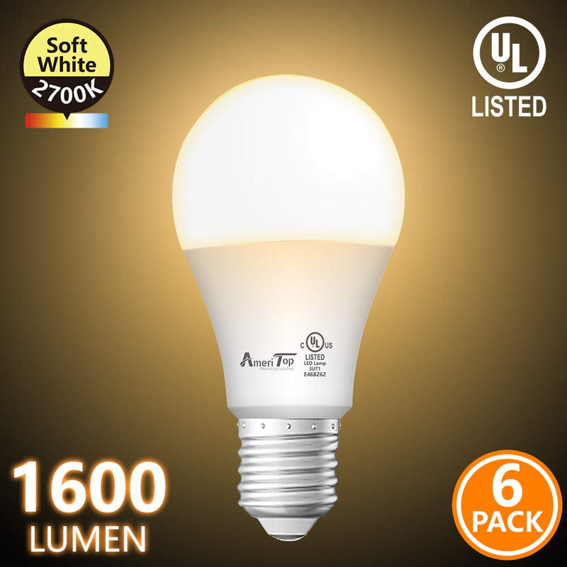 A19 LED Light Bulbs- 6 Pack, AmeriTop Efficient 14W(100W Equivalent) 1600 Lumens General Lighting Bulbs, UL Listed, Non-Dimmable, E26 Standard Base (2700K Soft White) 2700K Soft White