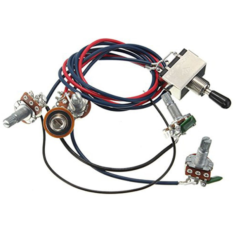 LP Electric Guitar Wiring Harness Kit Replacement, 2T2V 3 Way Toggle Switch 500K Pots&Jack for Dual Humbucker Gibson Les Pual Style Guitar, Black Tip Black Cap