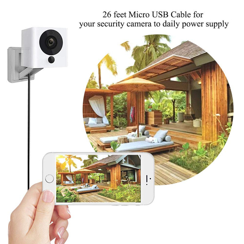 3-Pack 26ft Power Extension Cable Compatible with Wyze cam, Wyze cam V2 V3, Wyze cam Pan, Yi Home Security Camera, Long Micro USB Cord Black (Weather-Proof)
