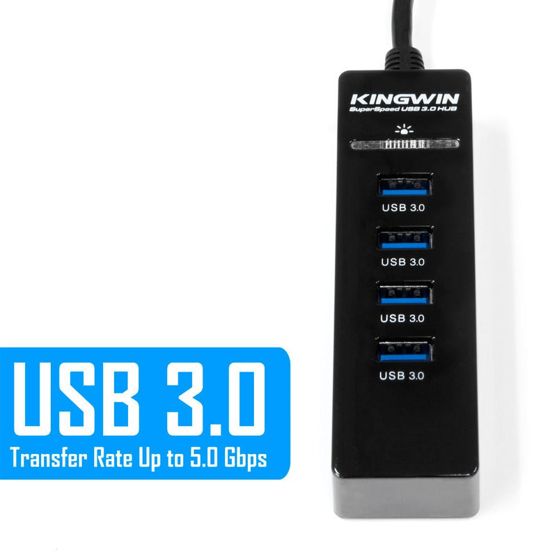 Kingwin 4-Port USB 3.0 Hub w/LED for MacBook, Mac Pro/Mini, iMac, Chromebook, Surface Pro, USB Flash Drives, Mobile SSD, Notebook PC, XPS, and More, Black (KW-HUB-4U3) 4 Port (Black)