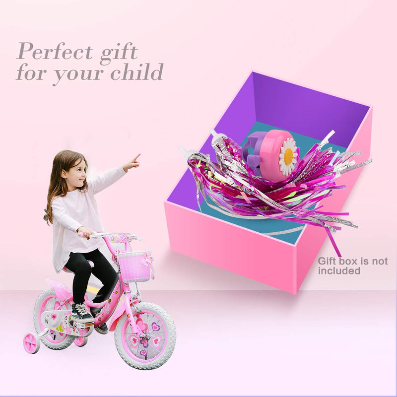 U-LIAN Kids Purple Streamers and Bike Bell for Girls-1 Pack Flower Bicycle Bell with 2 Pack Handlebar Streamers Scooter Tassels for Children's Bike Accessories A-Pink Bell+Shiny Pink Tassels