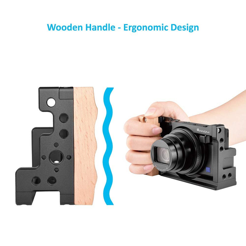 ANNSM Camera Cage Video Rig for Sony RX100 VII /RX100 M7and RX100 VI /RX100 M6 Compact Cameras with Wooden Handle Grip Aluminum Alloy Frame Compact Lightweight Black CG600 for RX100 Vii