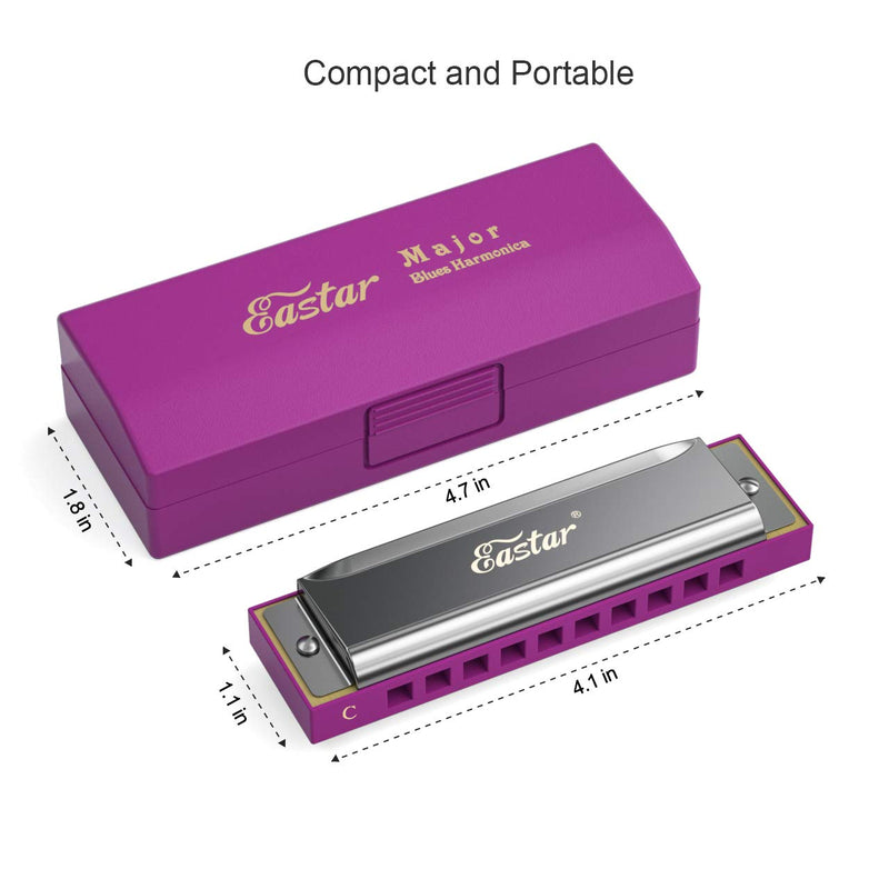 Eastar Major Blues Diatonic Harmonica, 10 Holes C Key Beginner Harmonica for Kids Children Adults Students, with Hard Case and Cloth, Pink
