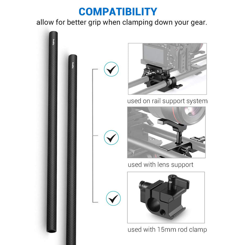 SMALLRIG 15mm Carbon Fiber Rod for 15mm Rod Support System (Non-Thread), 12 inches Long, Pack of 2 - 851 Carbon Fiber Rod - 12"