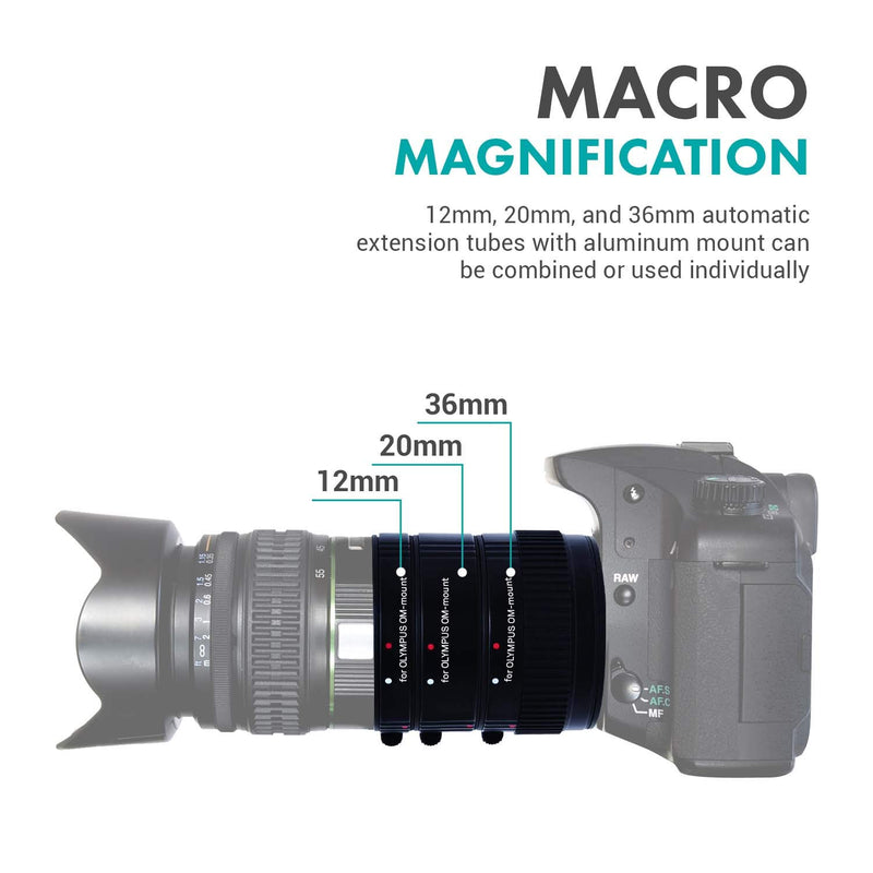 Movo AF Macro Extension Tube Set for Olympus EVOLT Four-Thirds Mount DSLR Camera with 12mm, 20mm and 36mm Tubes (Metal Mount)