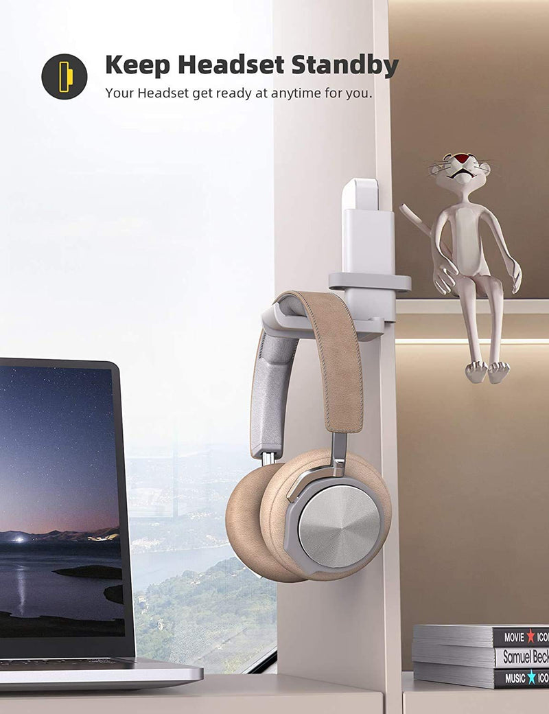Lamicall Headphone Stand, Headset Hanger - 360 Degree Rotation Earphone Stick Hook Holder Mount, Table Headphone Stand with Cable Organizer, Gaming Headset Clamp for HyperX, Sennheiser, Sony - White