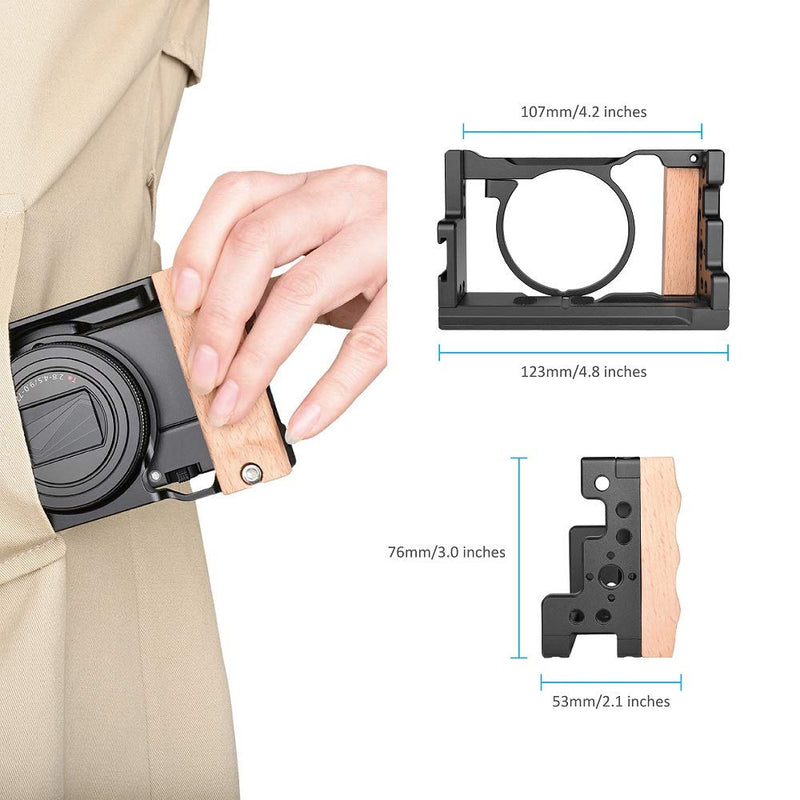 ANNSM Camera Cage Video Rig for Sony RX100 VII /RX100 M7and RX100 VI /RX100 M6 Compact Cameras with Wooden Handle Grip Aluminum Alloy Frame Compact Lightweight Black CG600 for RX100 Vii
