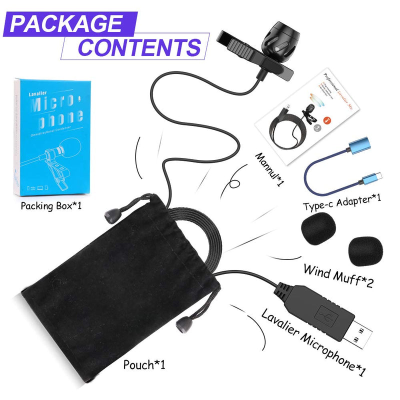 Professional Lavalier Lapel Microphone Clip-on USB Computer Microphone Plug & Play Omnidirectional Condenser Mic for PC, Laptop, Mac, Recording Mic for YouTube,Interview, Studio, Video