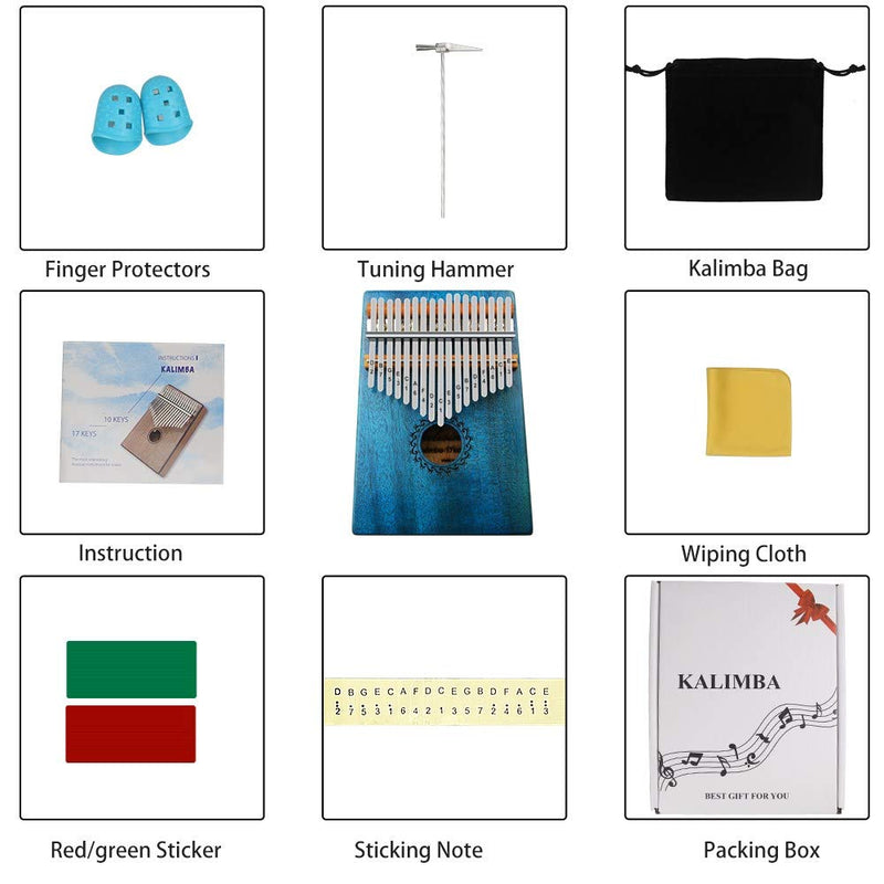 Kalimba Thumb Piano 17 Keys with mahogany Wood Portable Mbira Finger Piano Gifts for Kids and piano Beginners Professional (Bright blue)