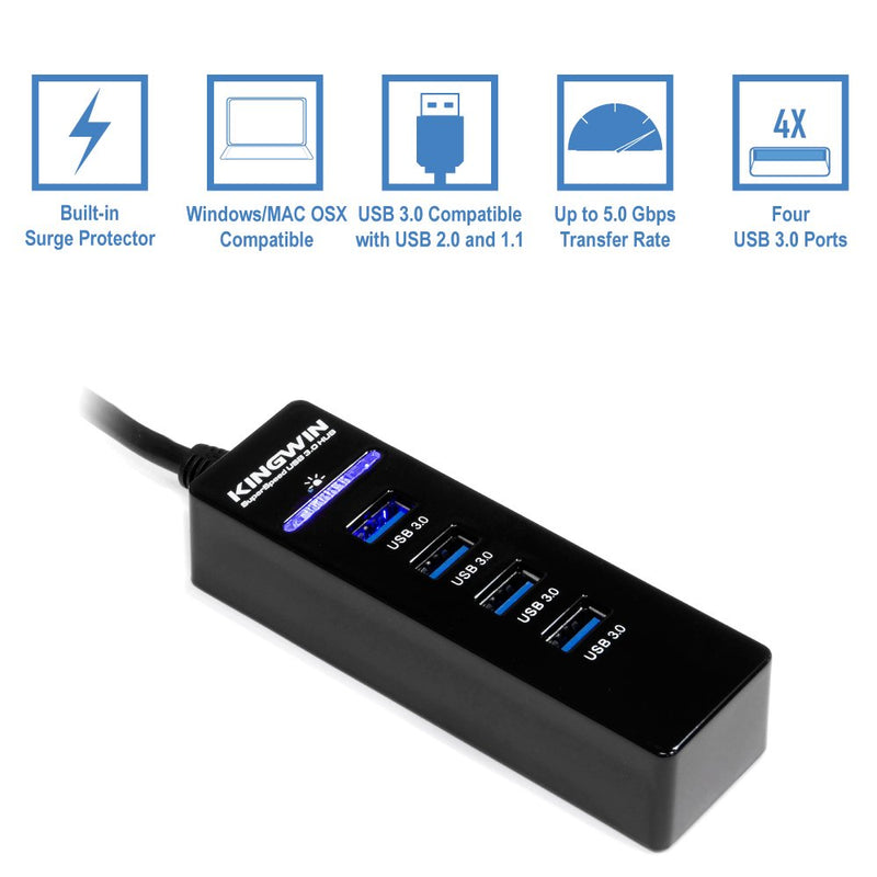 Kingwin 4-Port USB 3.0 Hub w/LED for MacBook, Mac Pro/Mini, iMac, Chromebook, Surface Pro, USB Flash Drives, Mobile SSD, Notebook PC, XPS, and More, Black (KW-HUB-4U3) 4 Port (Black)