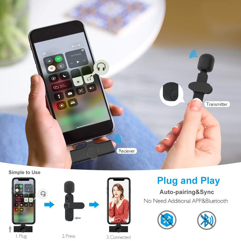 (Plug-Play) Wireless Lapel Lavalier Microphone System for iOS Devices Recording,YouTube Facebook Live Stream,Vlog, Auto-Sync Wireless Mic for iPhone 12 Pro Max /12/11/X/XR/XS(No Need App/Bluetooth)