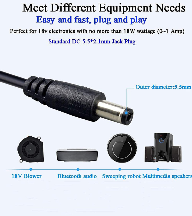 Gonine AC 100V-240V Converter Adapter DC 18V 1A Power Supply Adapter Wall Mount Charger with 5.5MM x 2.1MM Plug for 18volt 100mA-1000mA Equipment