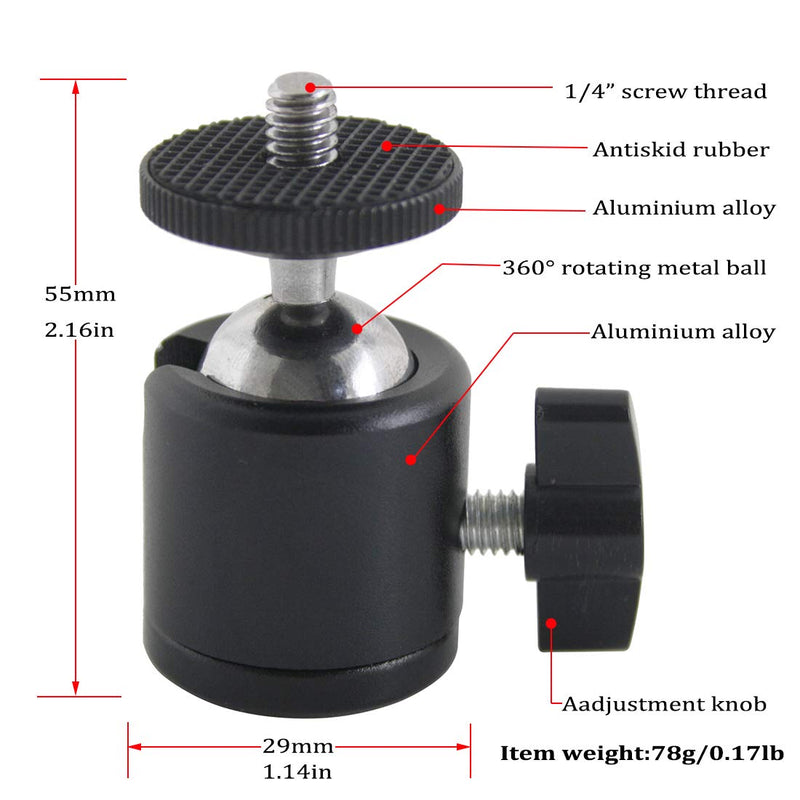 EXMAX 360 Degree Aluminum Alloy Body Rotating Swivel Mini Tripod Ball Head with 1/4" Screw Thread Base Mount for Lighter DSLR Camera Camcorder LED Light Bracket Hiking HTC Vive (Black) Black