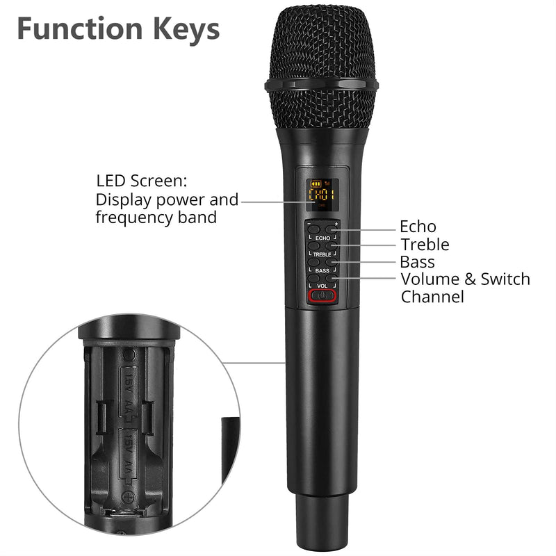 PROZOR Wireless Microphones UHF with Volume Treble Bass Echo Control Cordless Dynamic Mic System with Rechargeable Receiver for Karaoke Machine Singing Wedding Church DJ Party Speech