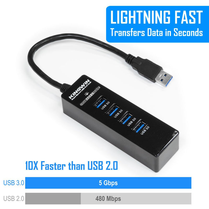 Kingwin 4-Port USB 3.0 Hub w/LED for MacBook, Mac Pro/Mini, iMac, Chromebook, Surface Pro, USB Flash Drives, Mobile SSD, Notebook PC, XPS, and More, Black (KW-HUB-4U3) 4 Port (Black)