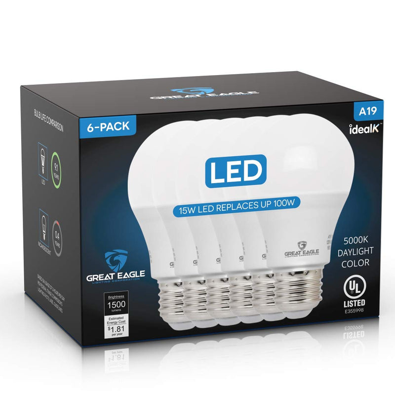 Great Eagle 100W Equivalent LED Light Bulb 1500 Lumens A19 5000K Daylight Non-Dimmable 15-Watt UL Listed (6-Pack)