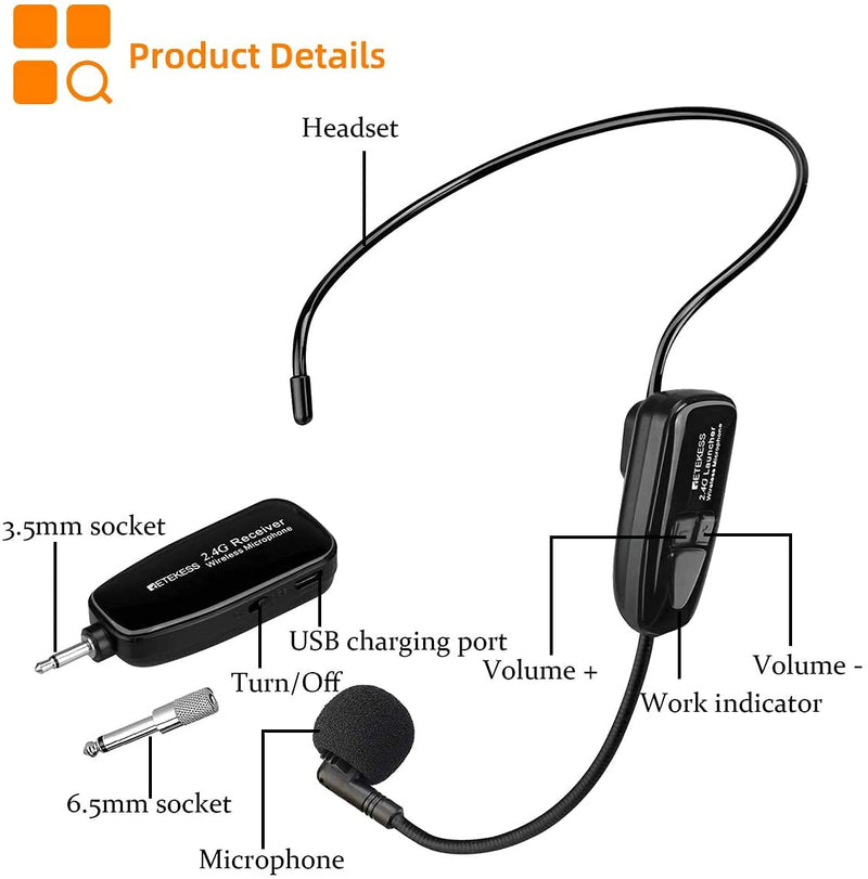 Retekess TT123 Wireless Headset Microphone System,Amplifier Microphone and Headset,2 in1,Rechargeable, 2.4G, Wireless Mic Headset, for Voice Amplifier, Teaching, Fitness Tutoring