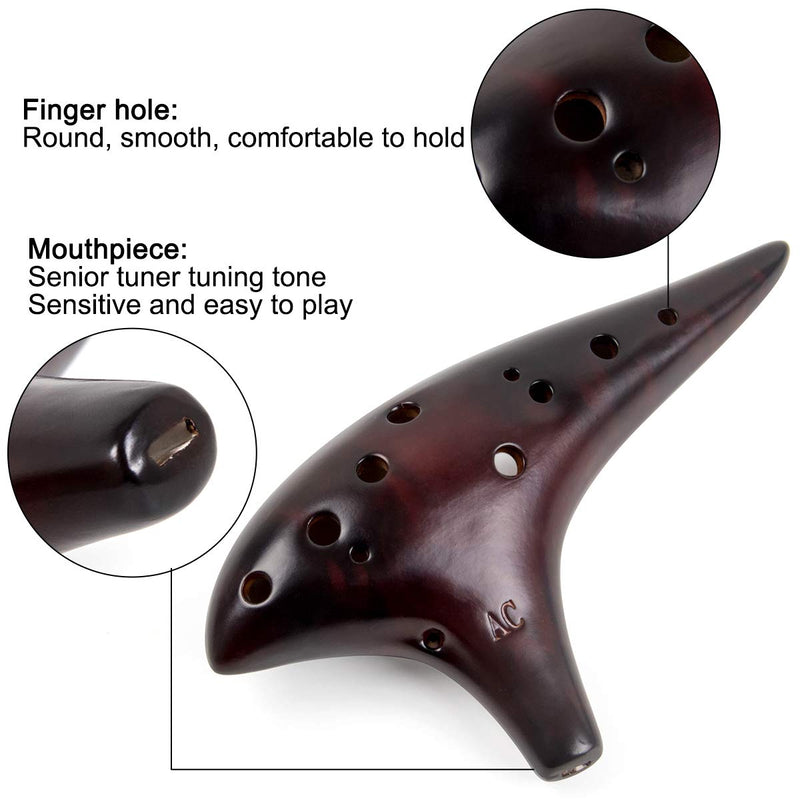 AKLOT Beginner Ocarina 12 Holes Alto C Ceramic with Carry Bag Music Book Strap Smokey