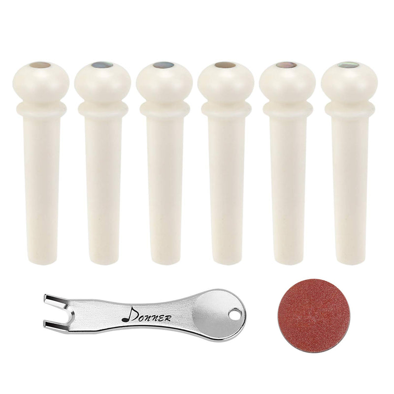 Donner 6PCS Acoustic Guitar Cattle Bone Bridge Pins Inlaid 3mm Abalone Dot with Guitar Pins Puller and Sandpaper Acoustic Guitar DIY Replacement Parts White Cattle Bone