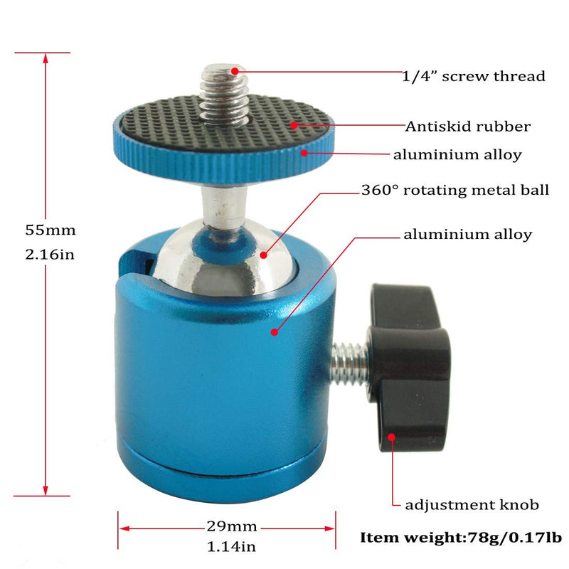 EXMAX Mini Ball Head Aluminum Alloy Tripod Ball Head with 1/4" Screw Thread Base Mount 360 Degree Rotatable for Monopods DSLR Cameras HTC Vive Camcorder Light Stand Ring Light Max. Load 4.4lbs (Blue) Blue