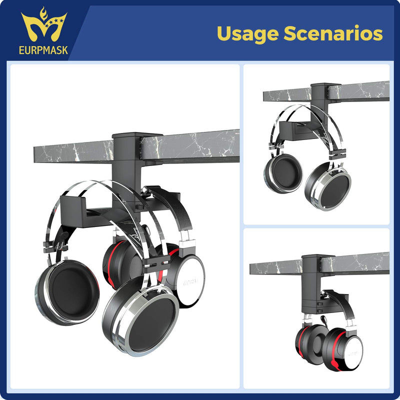 PC Gaming Headphone Stand, Dual Headset Hanger Hook Holder with Adjustable & Rotating Arm Clamp, Under Desk Design, Universal Fit, Built in Cable Clip Organizer EURPMASK