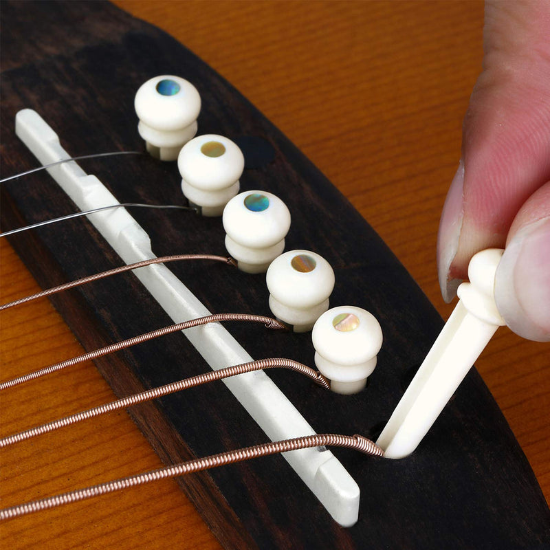 Donner 6PCS Acoustic Guitar Cattle Bone Bridge Pins Inlaid 3mm Abalone Dot with Guitar Pins Puller and Sandpaper Acoustic Guitar DIY Replacement Parts White Cattle Bone