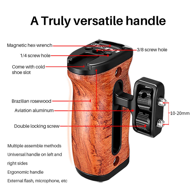 Side Wooden Handle Grip UURIG Universal Camera Cage Handle with Cold Shoe Mount 1/4 Screw for DSLR Smartphone Cage Nikon Canon Sony A7III/A7RIII/A7M3/A6400/A6500/A6600 Camera Cage