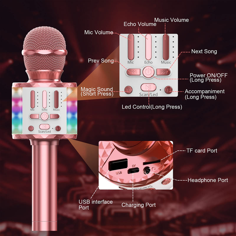 Wireless Microphone with Lights, Karaoke Bluetooth Microphone for Kids Adults, Portable Toy Karaoke Mic Speaker Machine, Home KTV Player Support Phone/Pad/TV for Party Singing, Boys Girls Best Gifts Rose