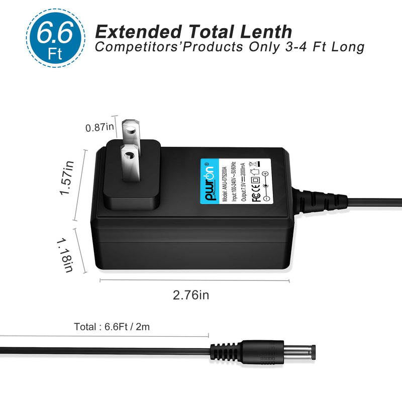 PwrON (6.6FT Cable) 7.5V 2A AC DC Adapter for 400mA 500mA 800mA 1000mA DC Adapter Power Supply 5.5mm2.1mm/2.5mm with Positive Center