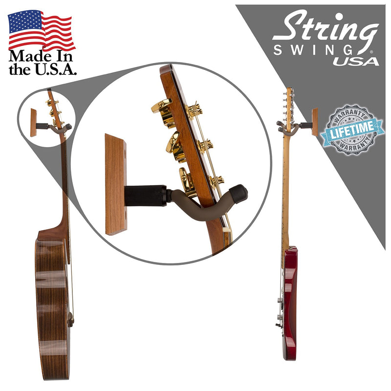 String Swing Guitar Hanger – Holder for Electric Acoustic and Bass Guitars – Stand Accessories for Home or Studio - Musical Instruments Safe without Hard Cases - Cherry Hardwood Wall Mount 2 Pack