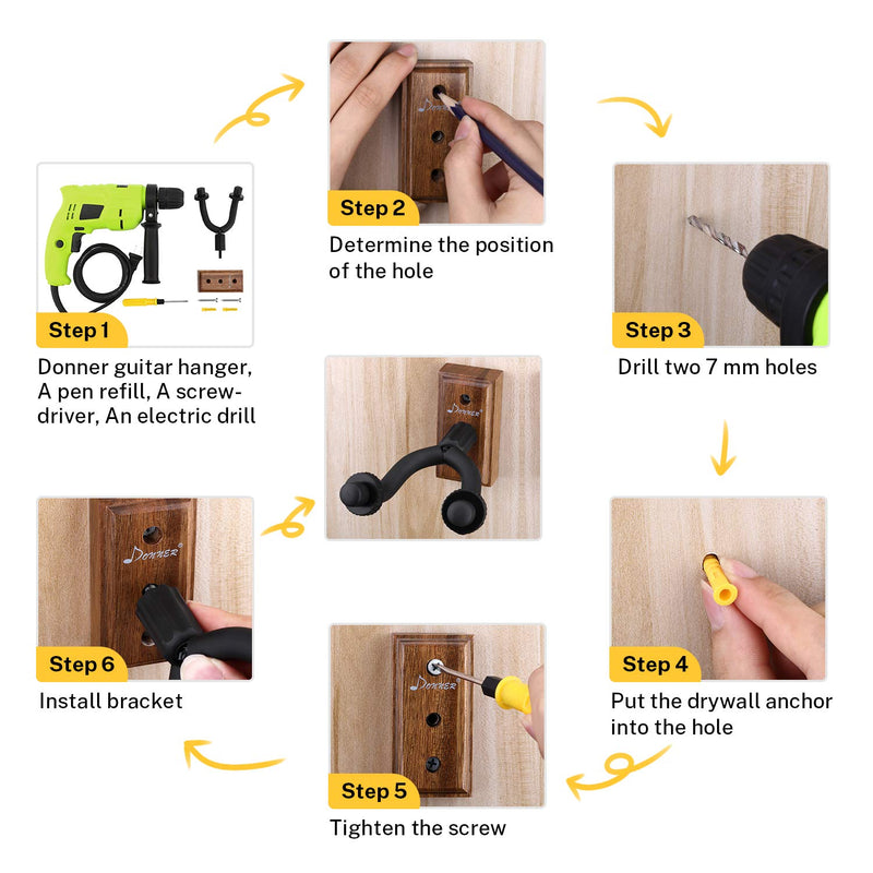 Donner Guitar Wall Mount Hanger 3-Pack, Black Walnut Guitar Wall Hanger for Guitars, Bass, Folk Ukulele, Violin, Mandolin Banjo and More