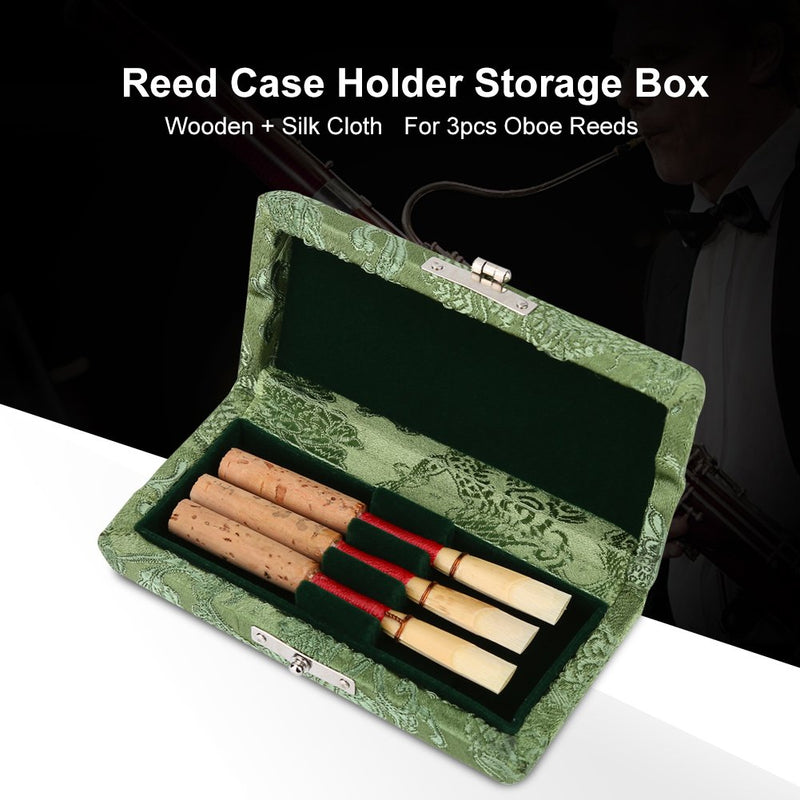 Oboe Reed Case, Wooden & Silk Cloth Cover Oboe Reed Storage Holder Box Protector Bag for 3pcs Oboe Reeds