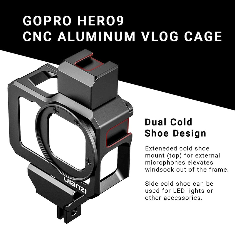 Ulanzi G9-5 CNC Camera Vlog Cage for GoPro HERO9 | Dual Cold Shoe Mounts with Audio Mic Adapter Housing Compatible with GoPro Hero 9 Camera
