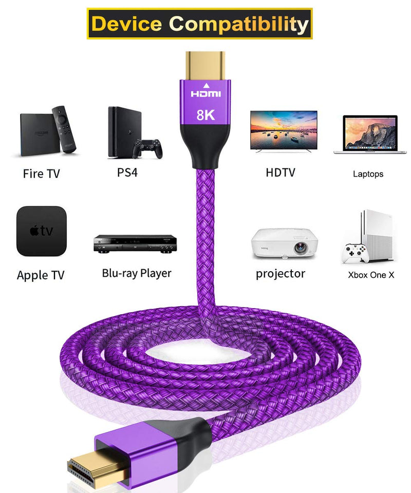 8K 60Hz HDMI Cable 10FT 2-Pack,Certified 48Gbps 7680P Ultra High Speed HDMI Cord for Apple TV,Roku,Samsung QLED,2.0 2.1,Sony Playstation,PS5,PS4,Xbox One Series X,eARC HDR HDCP 2.2 2.3,4K 120Hz 144Hz Purple