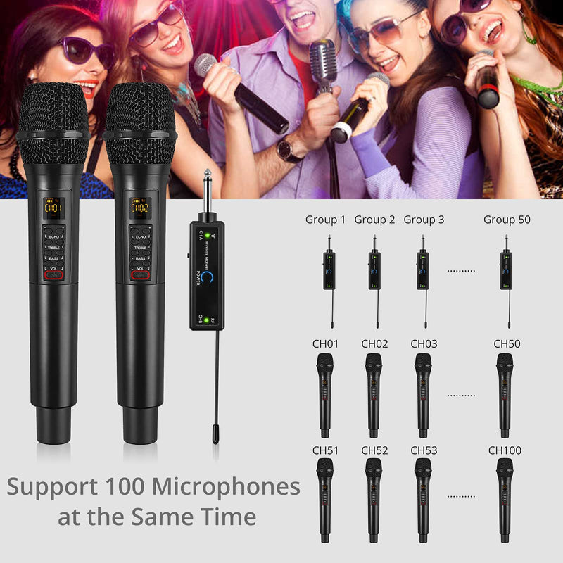 PROZOR Wireless Microphones UHF with Volume Treble Bass Echo Control Cordless Dynamic Mic System with Rechargeable Receiver for Karaoke Machine Singing Wedding Church DJ Party Speech