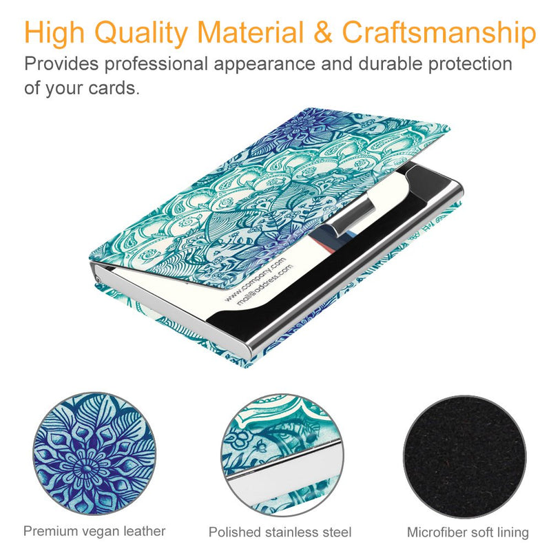 Business Card Holder, Fintie Premium Vegan Leather Coated Stainless Steel Professional Slim Name Card Case Organizer for Men & Women, Emerald Illusions
