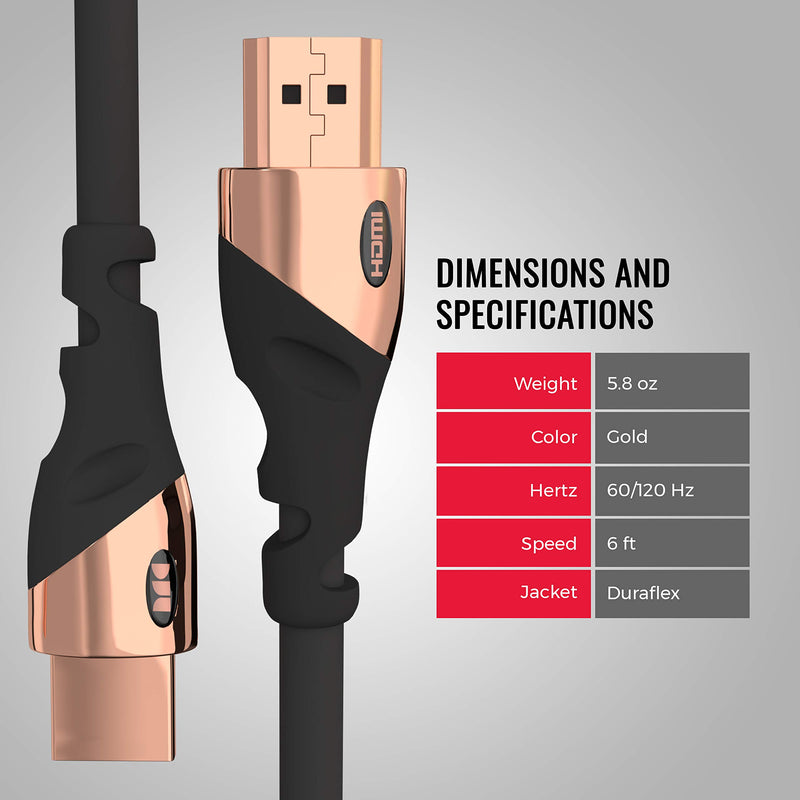 Monster HDMI Cable 4k Ultra HD 6ft with Ethernet Cord - 60/120 Hz Refresh Speed - 21Gbps High Definition 1080p Video - Corrosion-Resistant 24k Rose Gold Contacts and V-Grip Connection 6 FT Black
