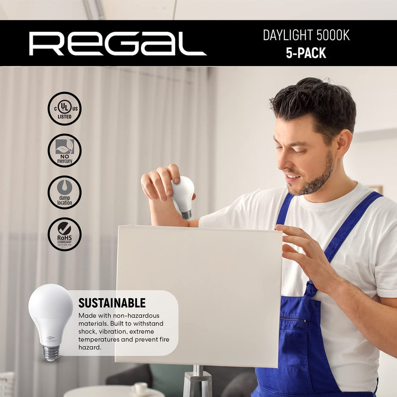 Regal LED A19 Light Bulb 5000K Daylight 800-Lumen, 9-Watt (60-Watt Equivalent), E26 Base, 5000 Kelvin, Day Light, 5-Pack, Non-Dimmable Daylight (5000K) Pack of 5 Bulbs