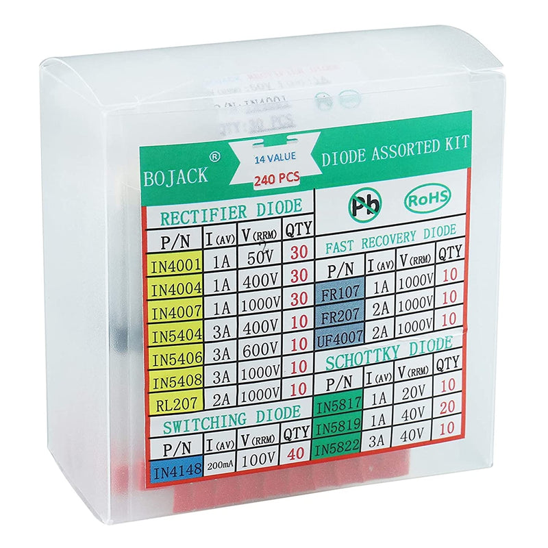 BOJACK 14 Value 240 pcs Diode Assortment Kit Contain Rectifier/Fast Recovery/Schottky/Switching Diode 1N4001 1N4004 1N4007 1N5404 1N5406 1N5408 RL207 FR107 FR207 UF4007 1N5817 1N5819 1N5822 1N4148