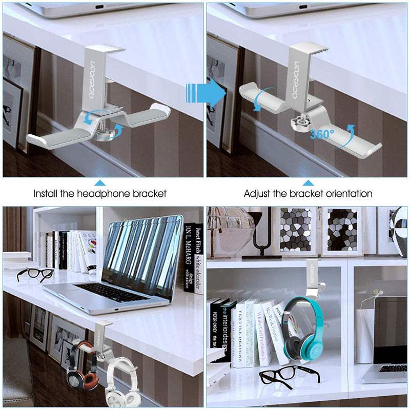 aceyoon Dual Headphone Hanger Under Desk 360 Degree Rotatable Aluminum Headphone Stand with Adjustable Clamp Headset Holder PC Gaming Headphone Hook Compatible for All Headphones