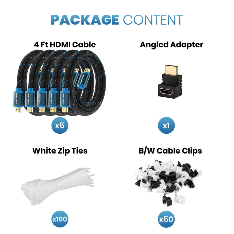 Maximm High-Speed HDMI 2.0 4K Nylon Braided Cable, 4 Feet, 5-Pack (Includes Cable Clips, Ties and Right Angle Adapter) 5 Pack