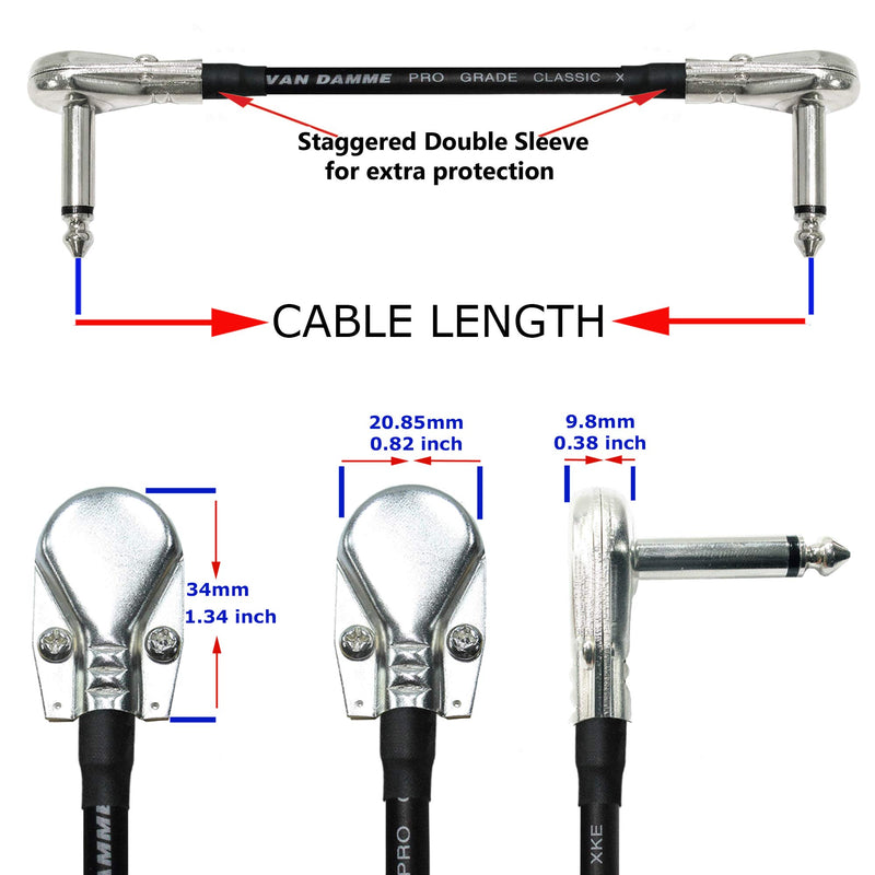 6 Units - Van Damme Pro Grade Classic XKE - 15 cm - Ultra-Flexible Multi-Shielded Guitar Bass Effects Instrument, Pedal Stomp Patch Cable - w/Low-Profile, R/Angled Pancake (6.35mm) TS Connectors