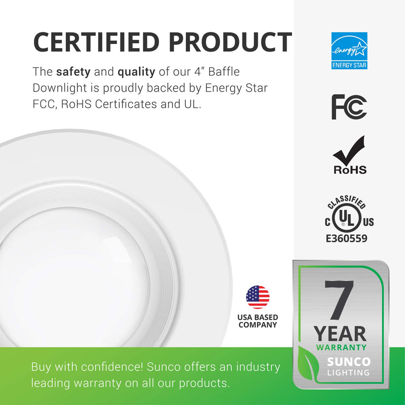 Sunco Lighting 2 Pack 4 Inch LED Recessed Downlight, Baffle Trim, Dimmable, 11W=60W, 5000K Daylight, 660 LM, Damp Rated, Simple Retrofit Installation - UL + Energy Star