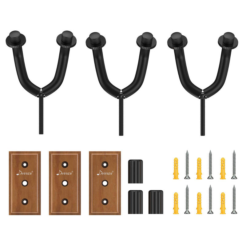 Donner Guitar Wall Mount Hanger 3-Pack, Black Walnut Guitar Wall Hanger for Guitars, Bass, Folk Ukulele, Violin, Mandolin Banjo and More