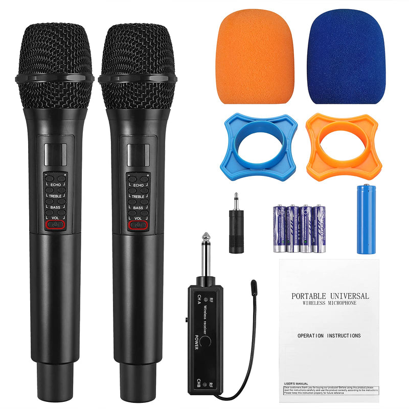 PROZOR Wireless Microphones UHF with Volume Treble Bass Echo Control Cordless Dynamic Mic System with Rechargeable Receiver for Karaoke Machine Singing Wedding Church DJ Party Speech