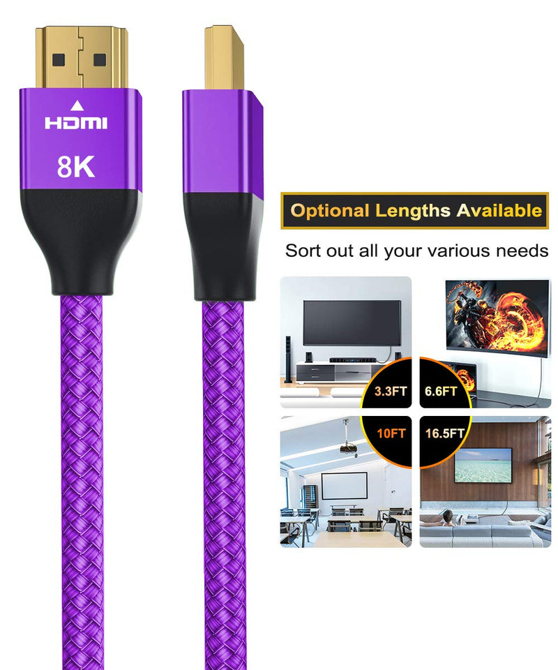8K 60Hz HDMI Cable 10FT 2-Pack,Certified 48Gbps 7680P Ultra High Speed HDMI Cord for Apple TV,Roku,Samsung QLED,2.0 2.1,Sony Playstation,PS5,PS4,Xbox One Series X,eARC HDR HDCP 2.2 2.3,4K 120Hz 144Hz Purple