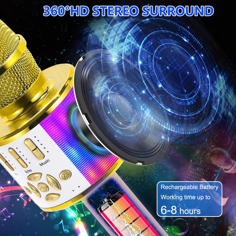 [AUSTRALIA] - Amazmic Kids Karaoke Machine Microphone Toy 3-12 Years Old Boys Girls Portable Bluetooth Microphone Machine Handheld with LED Lights, Gift for Children's Birthday Party, Home KTV(Gold) Gold 