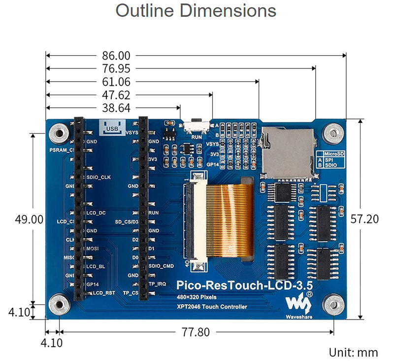 3.5inch Resistive Touch Display LCD for Raspberry Pi Pico, 65K Colors, 480×320 Pixel,Touch Controller XPT2046 ILI9488 Driver Using SPI Bus