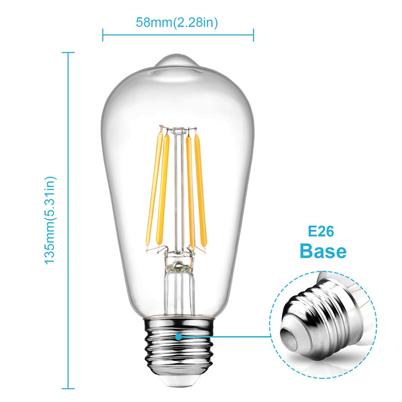 Ascher Vintage LED Edison Bulbs, 6W, Equivalent 60W, Non-Dimmable, High Brightness Warm White 2700K, ST58 Antique LED Filament Bulbs, E26 Medium Base, Clear Glass, Pack of 4 2700K Warm White