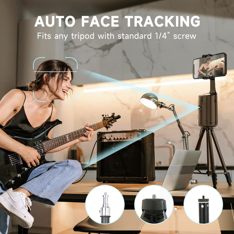 Auto Face Tracking Tripod - 360° Rotation Auto Tracking Phone Holder, No App, Phone Camera Mount with Remote and Gesture Control, Rechargeable Smart Shooting Holder for Video Recording, Tiktok Black